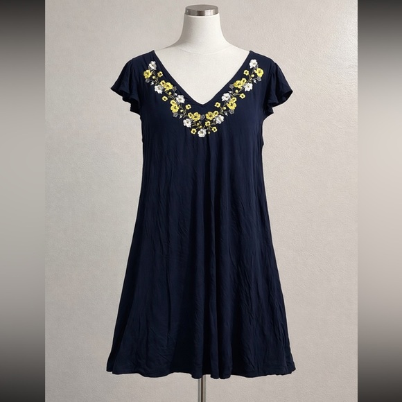 LOFT Dresses & Skirts - LOFT Navy Dress with Yellow & White Floral Embroidery